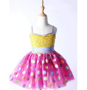 Yellow gold sequins pink polka dot patchwork strap backless girls kids children leotard modern dance tutu ballet dance dresses